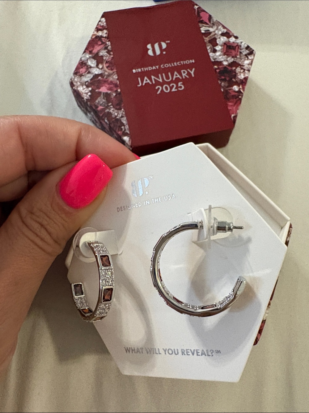 Silver Hoop Earrings with Pink Gem Accents -